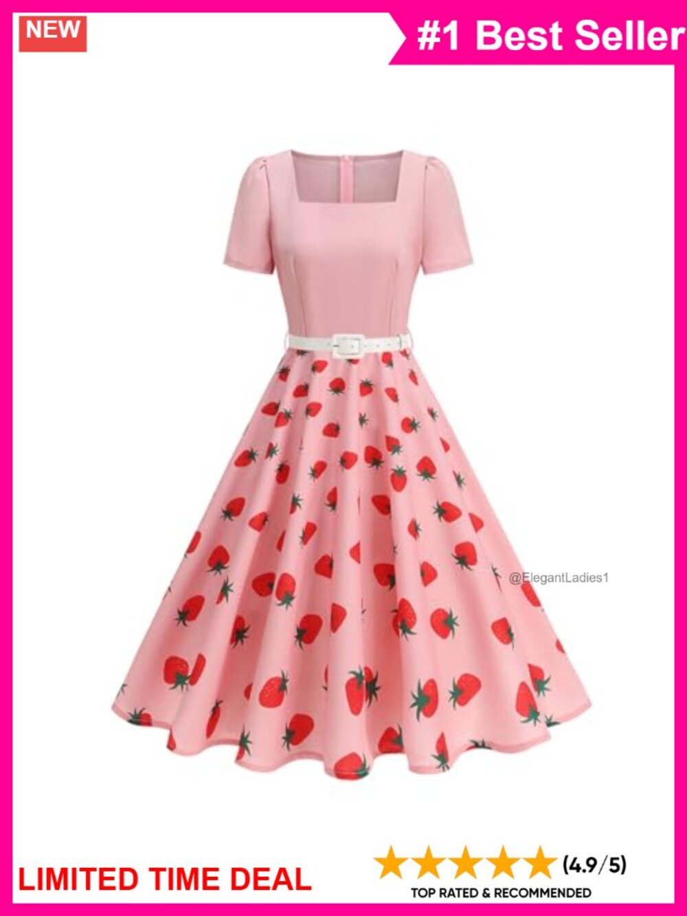1950s Vintage Square Neck Puff Sleeve Swing Midi Dress with Belt